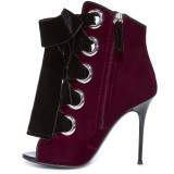 woman high heels stilettos peep toe burgundy VELVET summer boots stilettos big size ankle boots cross tied