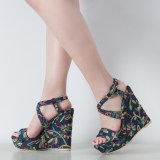 Arden Furtado 2018 summer high heels wedges platform fashion blue jeans denim flowers sandals big size 40 41