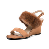 2018 summer wedges heels fur brown sandals shoes for woman high heels