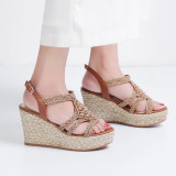 Fashion shoes wedges sandals straw platform shoes genuine leather brown shoes
