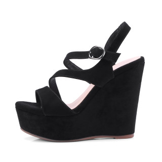 Arden Furtado 2018 summer high heels 12cm wedges platform buckle strap gladiator genuine suede casual sandals black shoes women