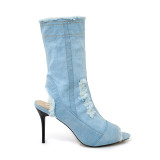 Arden Furtado 2018 summer high heels 9cm stilettos zipper mid calf boots shoes woman blue pep toe jeans boots sexy long boots