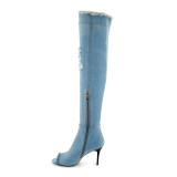 Arden Furtado 2018 summer high heels 9cm stilettos zipper mid calf boots shoes woman blue pep toe jeans boots sexy long boots