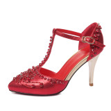 Arden Furtado 2018 spring summer silver red crystal flowers high heels 9cm stilettos closed toe T-strap sandals wedding shoes