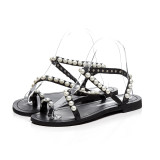 Arden Furtado 2018 summer fashion flat genuine leather buckle strap pearl gladiator sandals shoes for woman flip-flops slippers