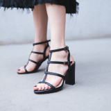 Arden Furtado NEW summer high heels 10cm genuine leather buckle T- strap rivets gladiator fashion pink sandals block heels