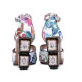 Arden Furtado 2018 summer flowers high heels 10cm genuine leather buckle strap Ethnic peep toe fashion sandals women green 43