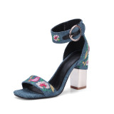 Arden Furtado 2018 summer high heels 9cm flowers blue denim jeans sandals for woman buckle strap fashion Ethnic shoes big size