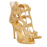 Arden Furtado summer yellow peep toe fashion cage sandals gold stilettos heels back zipper ladies crystal rhinestone party shoes