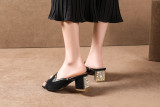 summer chunky heels 5cm peep toe genuine leather big size slippers ladies mules small size shoes