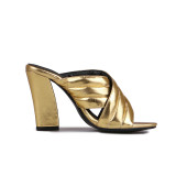 Arden Furtado 2018 summer new genuine leather slip on slippers peep toe fashion outside slides green gold chunky heels 9cm woman