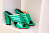 Arden Furtado 2018 summer new genuine leather slip on slippers peep toe fashion outside slides green gold chunky heels 9cm woman