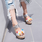 Arden Furtado 2018 summer high heels platform 12cm genuine leather flowers rainbow fur ball shoes wedges slippers woman slides