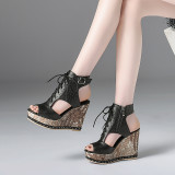 Arden Furtado 2018 summer high heels 11cm wedges platform peep toe ankle strap gladiator genuine leather sandals shoes for woman