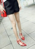 2018 summer spike heels genuine leather rivets red sandals shoes for woman T-strap big size shoes
