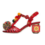 2019 summer strange heels T-strap flowers sandals red shoes Ethnic fur ball sandals