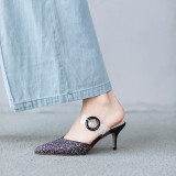 Arden Furtado summer high heels 8cm stilettos pointed toe bling bling buckle mules sequined cloth slippers stilettos slides