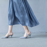 Arden Furtado summer high heels 8cm stilettos pointed toe bling bling buckle mules sequined cloth slippers stilettos slides