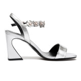 Arden Furtado 2018 summer fashion high heels 8cm strange heels genuine leather buckle strap dress shoes flowers silver sandals