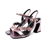Arden Furtado 2018 summer high heels genuine leather flowers dress shoes strange heels square toe buckle strap fashion sandals