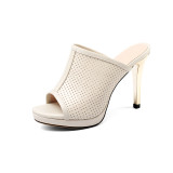 Arden Furtado 2018 summer fashion high heels 10cm new stilettos peep toe platform sexy genuine leather outside slippers slides