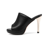 Arden Furtado 2018 summer fashion high heels 10cm new stilettos peep toe platform sexy genuine leather outside slippers slides