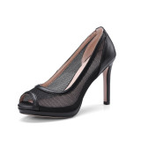 Arden Furtado spring summer high heels 10cm stilettos peep toe black white clear mesh pumps elegant shoes