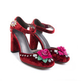 Arden Furtado 2018 spring autumn buckle ankle strap velvet crystal flowers cover heels chunky heels small size 33 Ethnic sandals