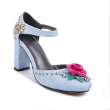 Arden Furtado 2018 spring autumn buckle ankle strap velvet crystal flowers cover heels chunky heels small size 33 Ethnic sandals