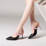 2019 summer high heels stilettos pointed toe genuine leather buckle shoes white mules slides slippers