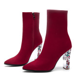  Autumn zipper burgundy chunky heels ankle boots rhinestone heels woman shoes big size 43