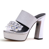 2019 summer chunky heels platform fashion sandals ladies glitter sexy crystal rhinestone women's slides flowers slippers 33 43