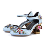 2018 summer fashion velvet cage sandals shoes for woman flowers Ethnic burgundy blue strange heels ladies