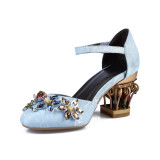2018 summer fashion velvet cage sandals shoes for woman flowers Ethnic burgundy blue strange heels ladies