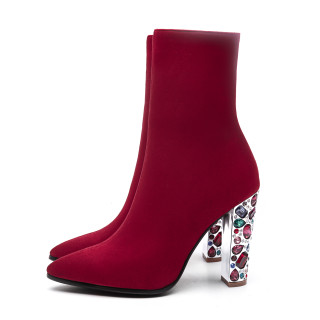  Autumn zipper burgundy chunky heels ankle boots rhinestone heels woman shoes big size 43