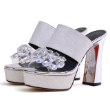2019 summer chunky heels platform fashion sandals ladies glitter sexy crystal rhinestone women's slides flowers slippers 33 43