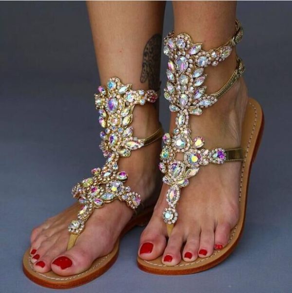 2018 summer fashion flat crystal flowers big size small size sandals shoes for woman