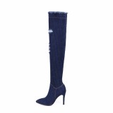 blue black jeans over the knee boots stilettos high heels 9cm fashion shoes woman