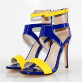 2018 stilettos high heels fashion sandals mixed color party shoes yellow and blue sexy party shoes ladies