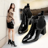 Arden Furtado fashion women's shoes in winter 2019 pointed toe chunky heels zipper rivet short boots pure color concise elegant ladies boots