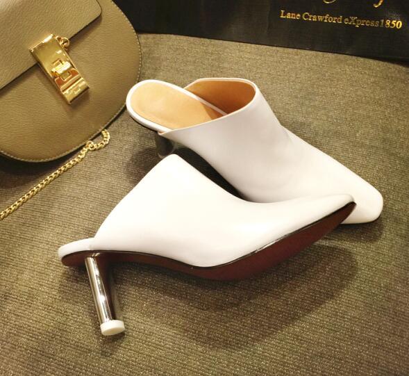 genuine leather high heels lighter heels pointed toe mules big size woman shoes slides slippers