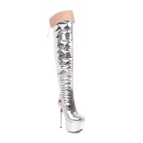 winter slip on high heels 16cm night club sexy stilettos round toe platform evening party shoes plicate over the knee boots pleated silver boots woman