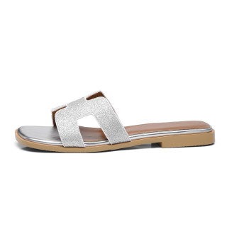 Arden Furtado summer 2019 fashion women's shoes concise white slippers rivets genuine leather silver slides open toe slippers 33