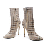 spring autumn stilettos heels gingham ankle boots pointed toe shoes large size