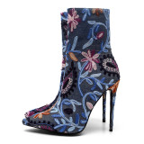 spring autumn winter ankle boots stilettos flowers stilettos blue jeans flowers denim zipper boots 15