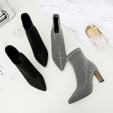 2018 autumn slip on sequins glitter pointed toe ankle boots silver black Stretch boots