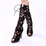 Women's Black Gladiator Heels stilettos boots knee high boots high heels 10cm cross tied fretwork fashion woman party club shoes