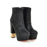 2018 autumn winter round toe glitter bling bling zipper ankle boots chunky heels 12cm