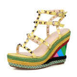Women's Shoes genuine leather Spring / Summer Club Shoes Sandals wedge Heels rainbow rivets shoes ladies