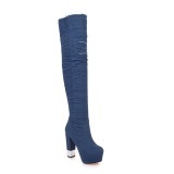 2018 autumn winter blue denim jeans chunky heels woman platform big size 42 round toe zipper